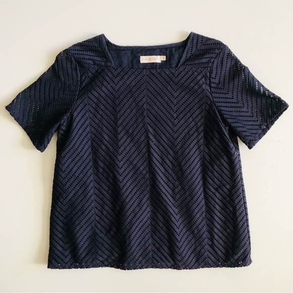 Tory Burch Square Neck Navy Zig Zag “Eyelet” Pullover Short Sleeve S - Picture 3 of 7